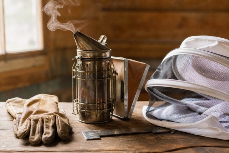 Beekeeping starter equipment - smoker, leather gloves, hive tool, and bee veil on rustic table